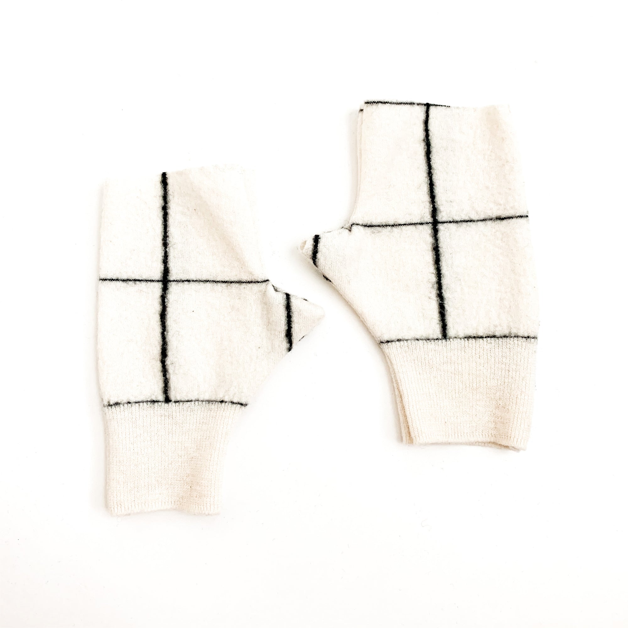 Fingerless Mittens | Cream & Black Grid